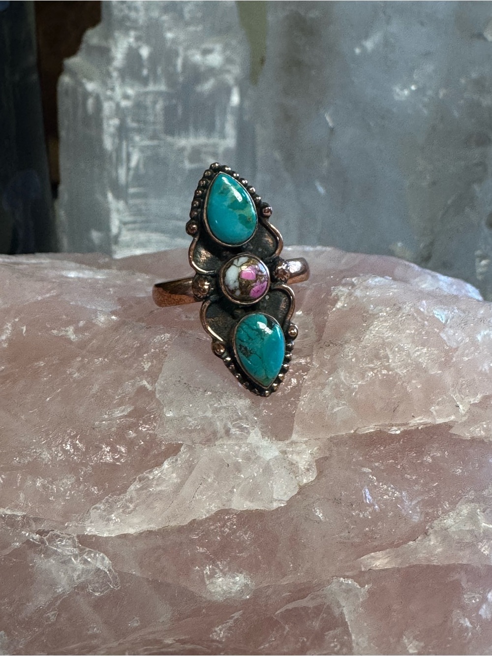 COPPER Kingman Turquoise & Cotton Candy Dahlia Triple Stone Ring - Size 10